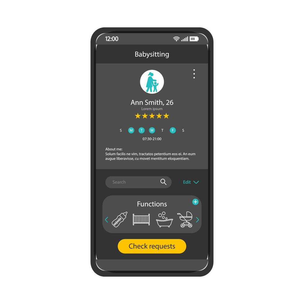 modello vettoriale dell'interfaccia dello smartphone dell'app di babysitter. schermata dell'applicazione dei servizi mobili per l'infanzia. layout di design nero della pagina online del profilo della babysitter. interfaccia utente piatta. descrizione della tata, valutazione del display del telefono