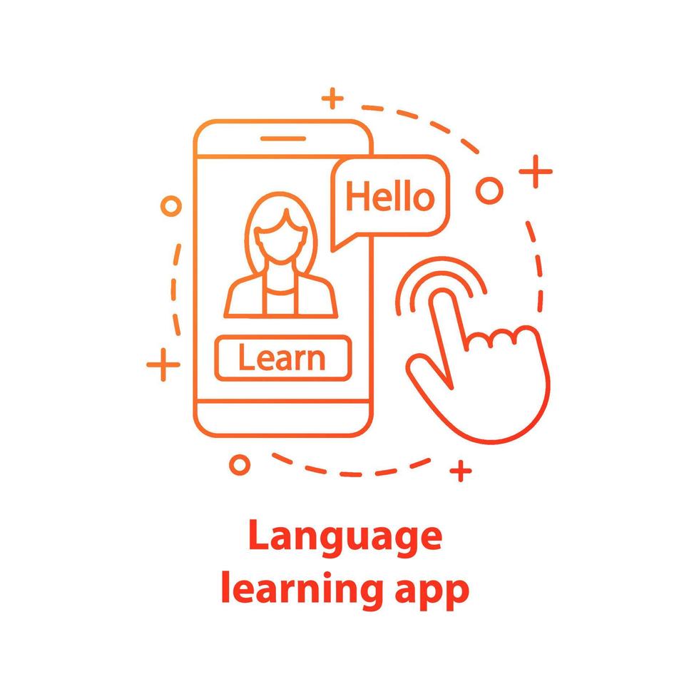 icona del concetto di app per l'apprendimento delle lingue. illustrazione al tratto sottile dell'idea dei corsi online. e-learning. controllo ortografico. pratica orale con app per smartphone. disegno di contorno isolato vettoriale
