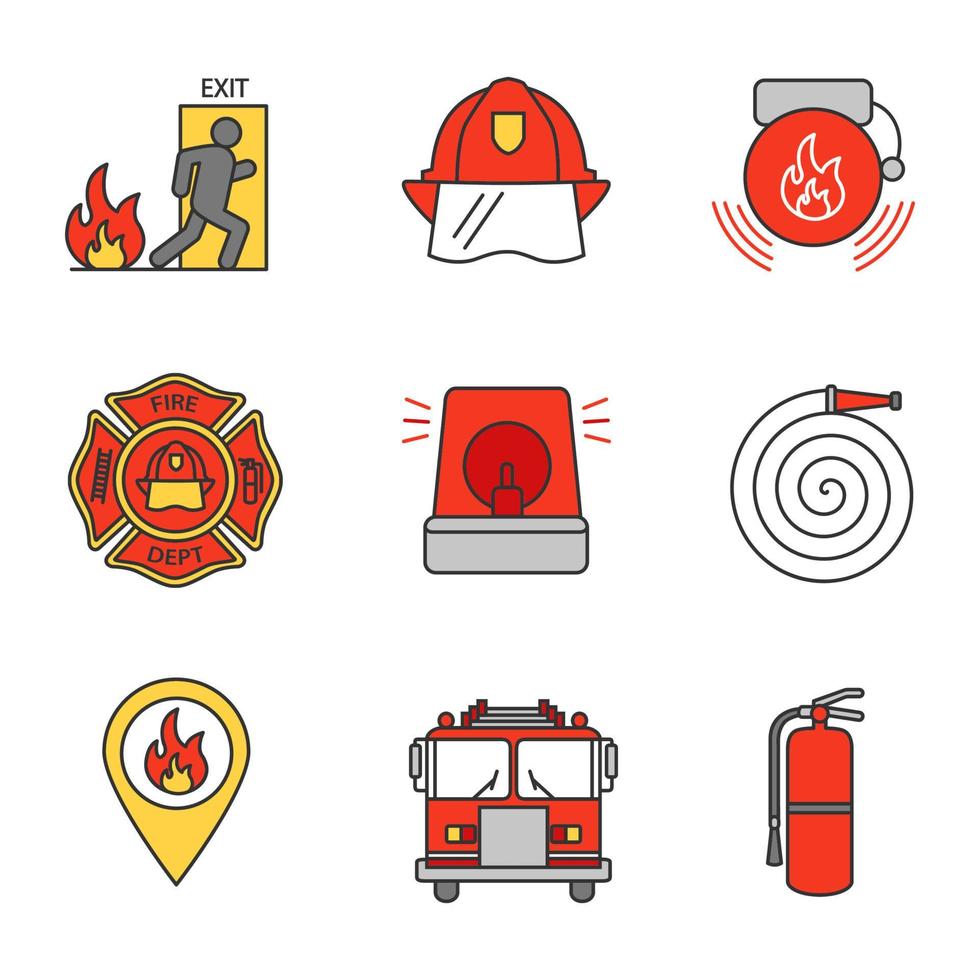 set di icone a colori antincendio. uscita di emergenza, elmetto, campanello d'allarme, sirena vigili del fuoco, postazione incendio, estintore, camion dei pompieri, badge pompiere, manichetta. illustrazione vettoriale isolata