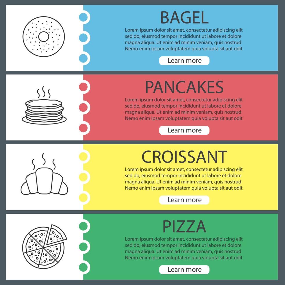 set di modelli di banner web da forno. bagel, frittelle, croissant, pizza al taglio. voci di menu a colori del sito Web con icone lineari. concetti di progettazione di intestazioni vettoriali