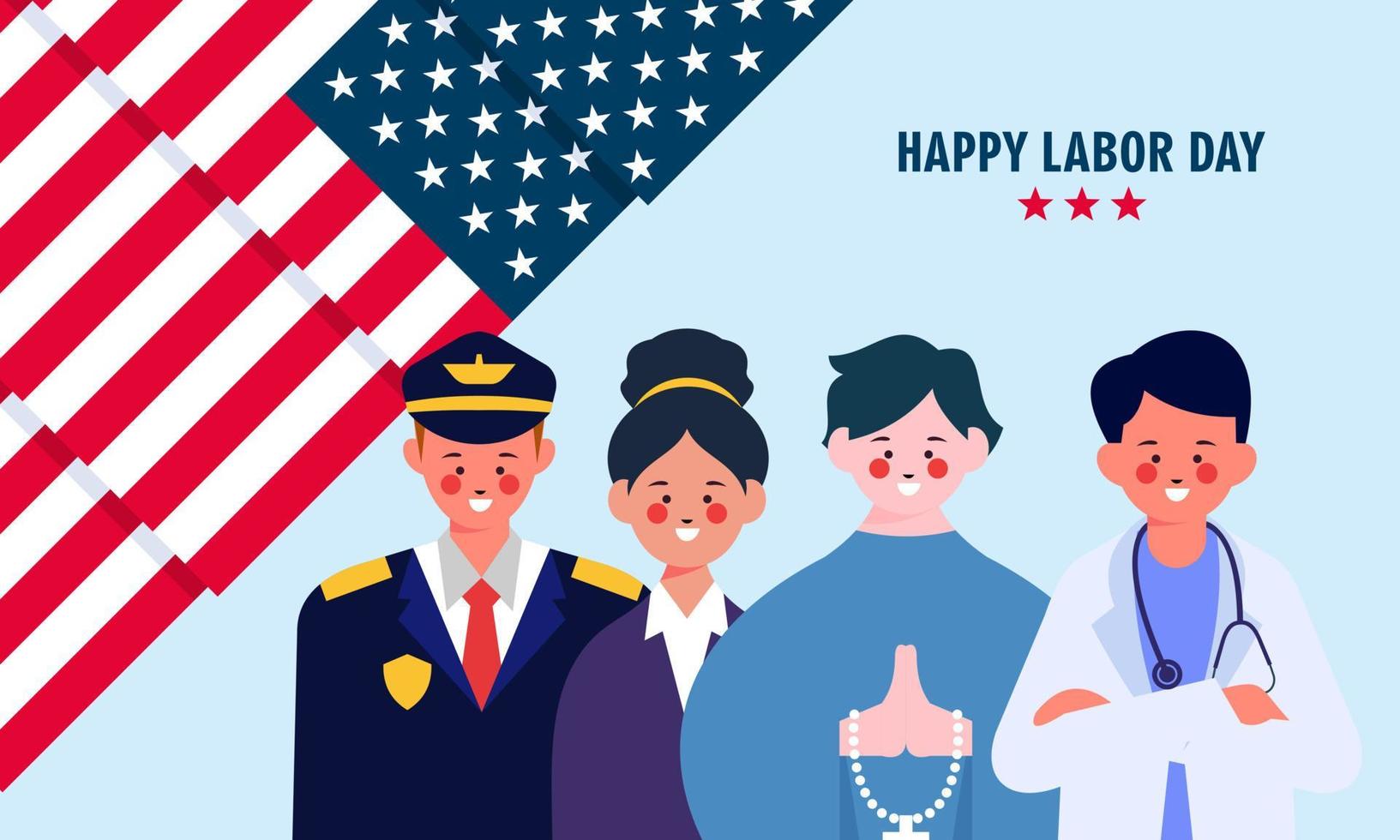 buona festa del lavoro. varie occupazioni persone in piedi con la bandiera americana vettore