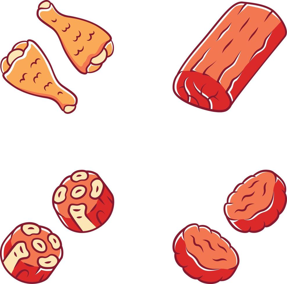 set di icone di colore carne di macellaio. cosce di pollo alla griglia, arrosto di maiale, burger, code di bue. produzione e vendita di carne. attività di macelleria. produzione di carne arrosto. illustrazioni vettoriali isolate