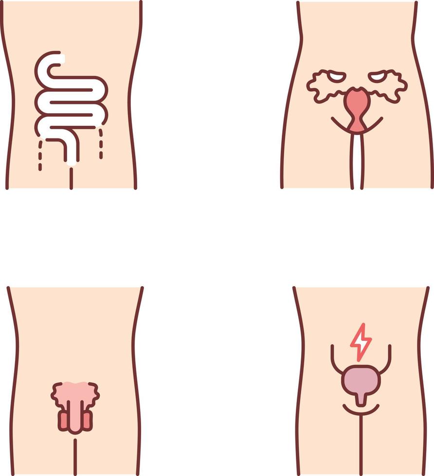 set di icone a colori per organi umani malati. intestino irritato e vescica urinaria. sistemi riproduttivi malsani di donne e uomini. infertilità. parti interne del corpo malate. illustrazioni vettoriali isolate