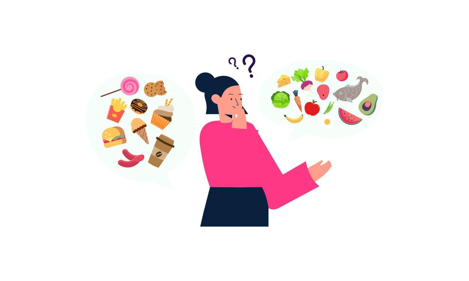 donna che sceglie tra illustrazione del concetto di cibo sano e malsano vettore