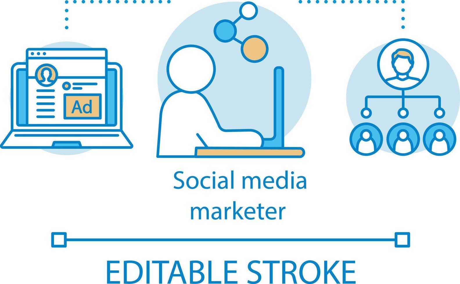 icona del concetto di social media marketer. illustrazione al tratto sottile dell'idea di specialità di marketing digitale. creazione di contenuti, condivisione, rete multimediale, smm. disegno di contorno isolato vettoriale. tratto modificabile vettore