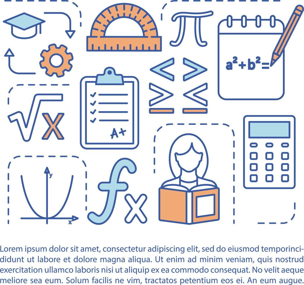 modello vettoriale della pagina dell'articolo di corsi di matematica avanzati. materia di algebra. brochure, rivista, elemento di design opuscolo con icone lineari e caselle di testo. disegno di stampa. illustrazioni concettuali con spazio di testo