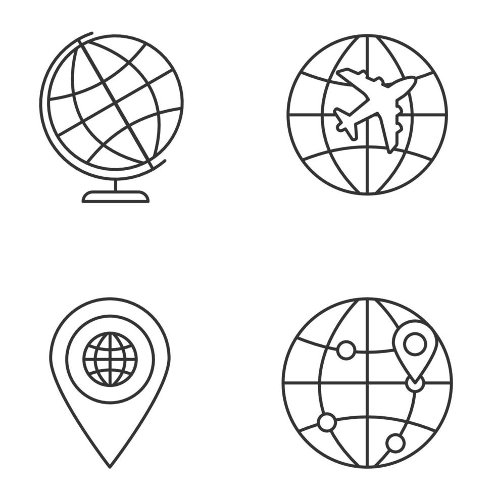 set di icone lineari in tutto il mondo. simboli di contorno di linee sottili. globo del mondo, volo internazionale, individuare con la terra, percorso mappa globale. illustrazioni di contorno vettoriale isolate. tratto modificabile