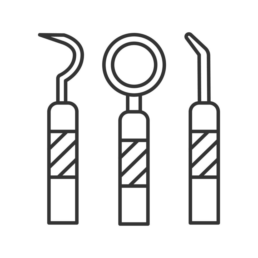 icona lineare degli strumenti dentali. illustrazione al tratto sottile. specchio della bocca, sonda dentale e escavatore del dentista. simbolo di contorno. disegno vettoriale isolato