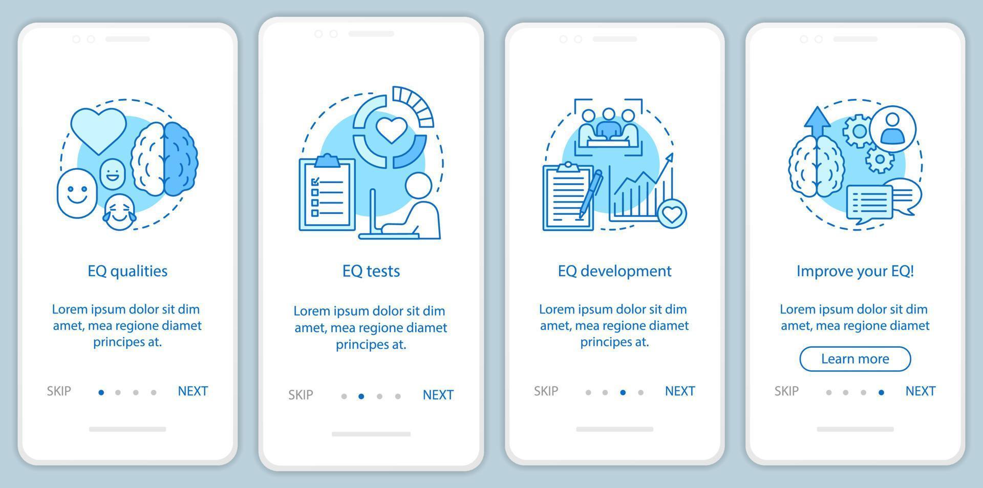 modello vettoriale dello schermo della pagina dell'app mobile per l'onboarding dell'intelligenza emotiva. eq qualità, test, sviluppo. procedura dettagliata del sito Web con illustrazioni lineari. ux, ui, gui concetto di interfaccia per smartphone