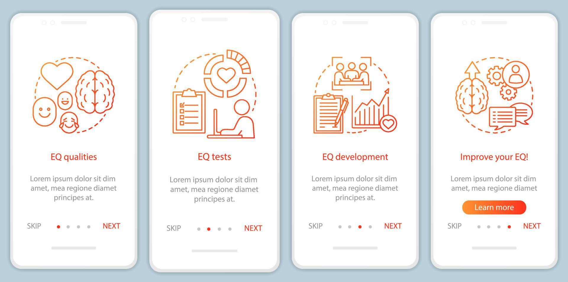 intelligenza emotiva onboarding schermata della pagina dell'app mobile con concetti lineari. eq qualità, test, istruzioni dettagliate per lo sviluppo istruzioni grafiche. ux, ui, modello vettoriale gui con illustrazioni