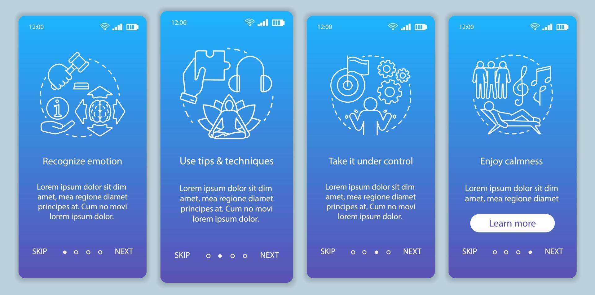 gestione delle emozioni onboarding modello vettoriale dello schermo della pagina dell'app mobile. riconoscere, utilizzare suggerimenti, godere della calma. procedura dettagliata del sito Web con illustrazioni lineari. ux, ui, gui concetto di interfaccia per smartphone