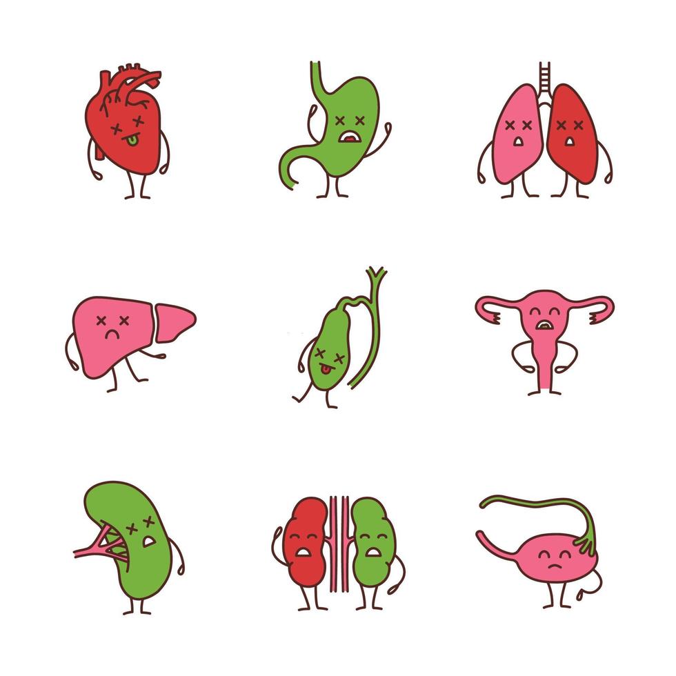 set di icone di colore dei caratteri degli organi interni umani tristi. sistema cardiovascolare, digerente, respiratorio, riproduttivo, linfatico, urinario malsano. illustrazioni vettoriali isolate