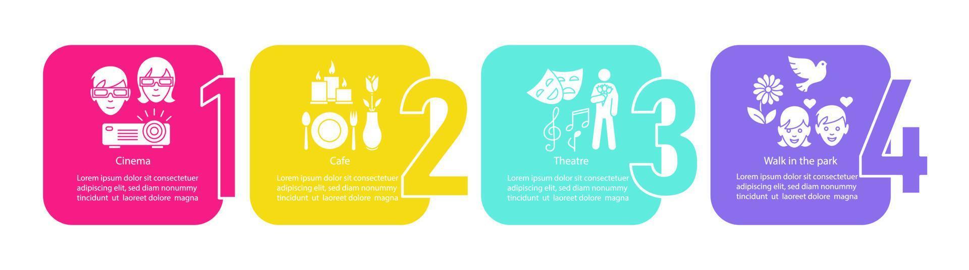 modello di infografica vettoriale prima data. cinema, teatro, bar, passeggiata nel parco. elementi di design della presentazione. passaggi e opzioni di visualizzazione dei dati. grafico della sequenza temporale del processo. layout del flusso di lavoro con icone lineari