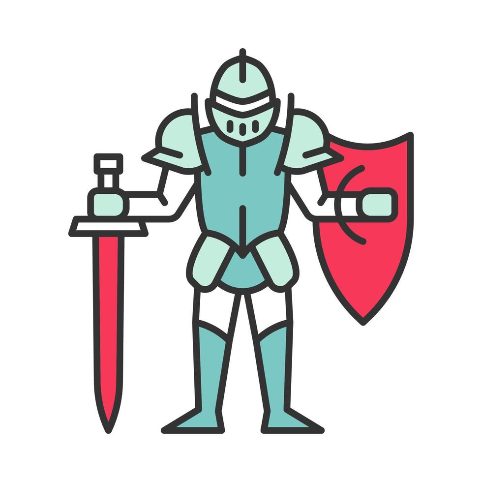 cavaliere medievale con icona a colori scudo e spada. guerriero con armatura completa. cavalleria. antica armatura a piastre. signore. illustrazione vettoriale isolata