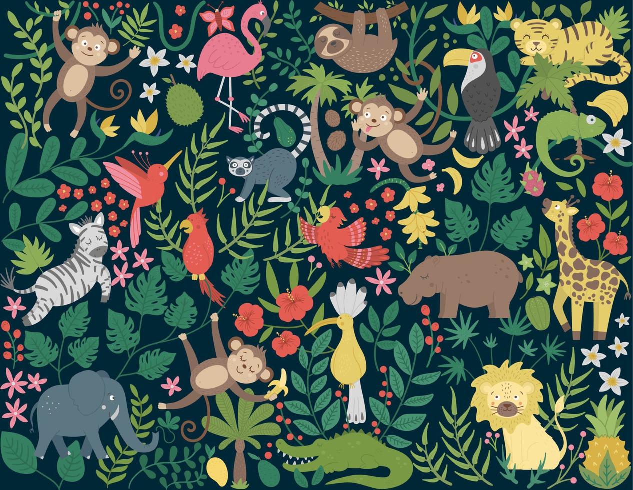 sfondo vettoriale con simpatici animali esotici, foglie, fiori, frutti. scena tropicale divertente con uccelli e piante. illustrazione piatta luminosa per bambini. clipart estate giungla