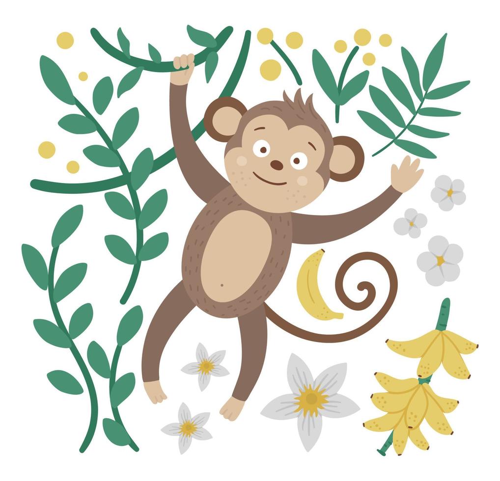 composizione carina vettoriale con scimmia appesa a liana, banane e foglie tropicali. illustrazione animale divertente. immagine piatta luminosa per bambini. clipart estate giungla