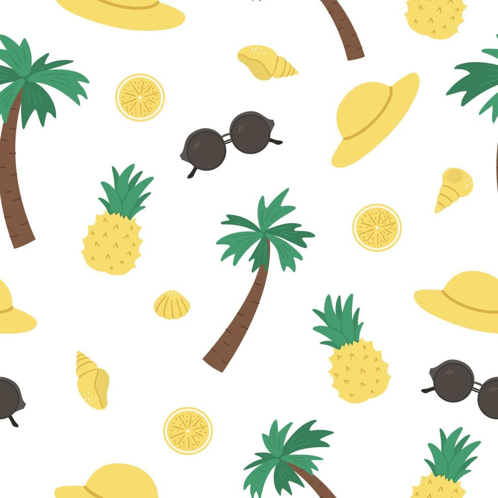 Reticolo senza giunte con elementi estivi. simpatico sfondo piatto per bambini con palma, ananas, occhiali da sole, conchiglie. struttura della spiaggia di vacanza vettore