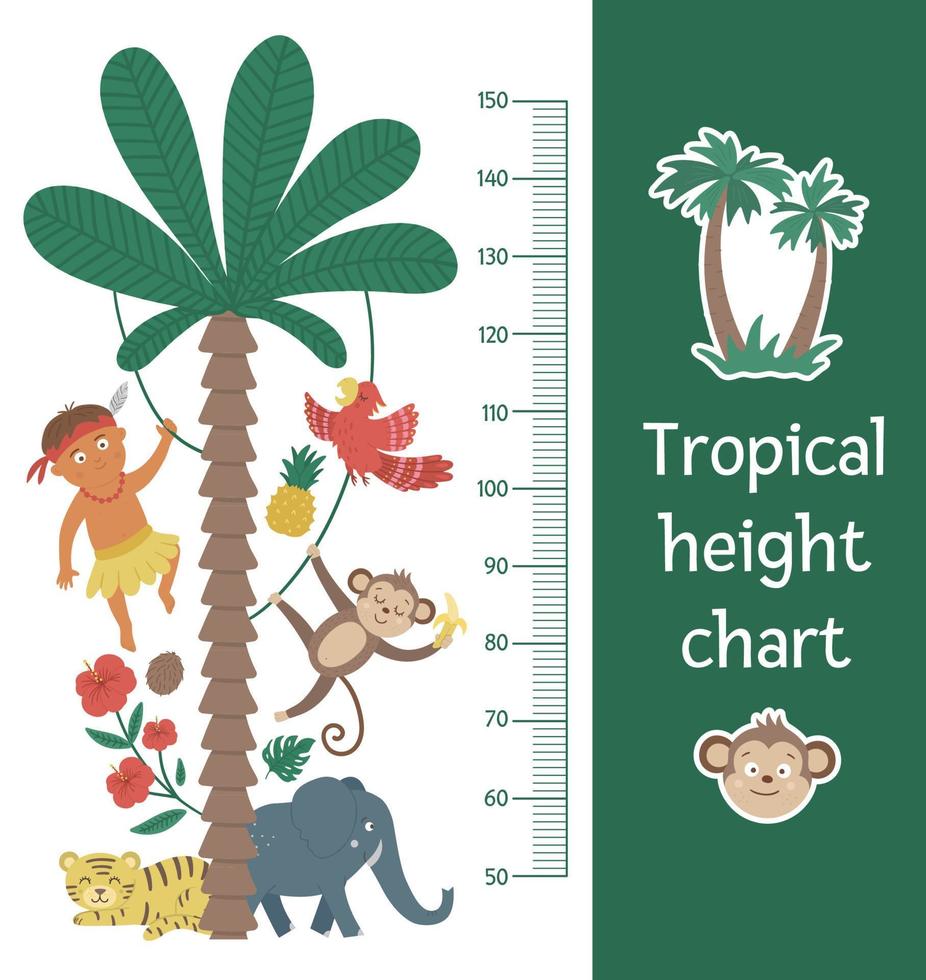 vettore grafico di altezza carino con animali esotici, ragazzo africano, foglie, fiori, frutti. divertente decorazione murale con aborigeni tropicali, scimmie e piante. poster del misuratore estivo della giungla per bambini