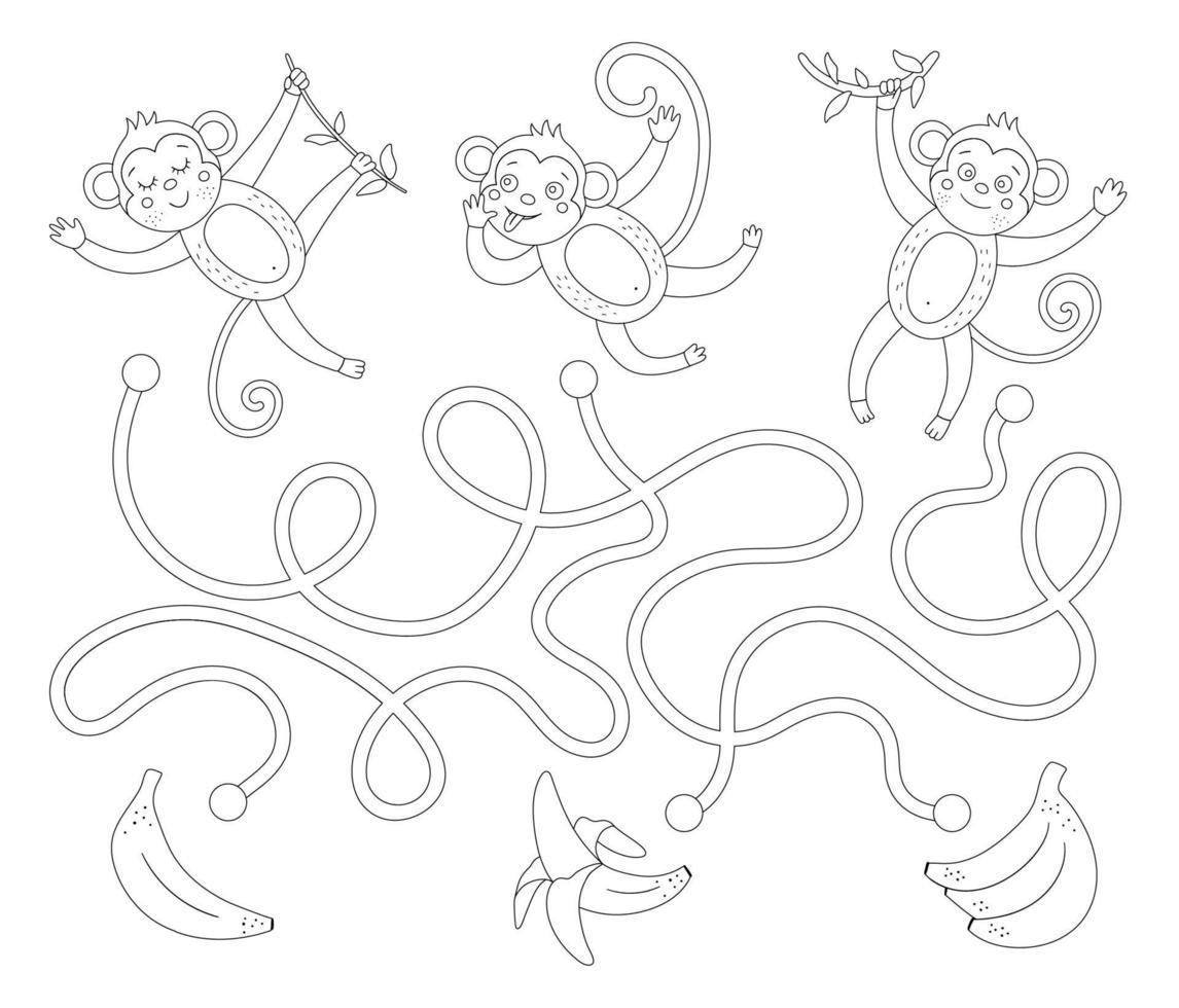 labirinto tropicale per bambini. attività esotica prescolare. divertente puzzle della giungla bianca e posteriore con simpatiche scimmie e frutta. il cui gioco delle banane. divertente pagina da colorare per bambini vettore