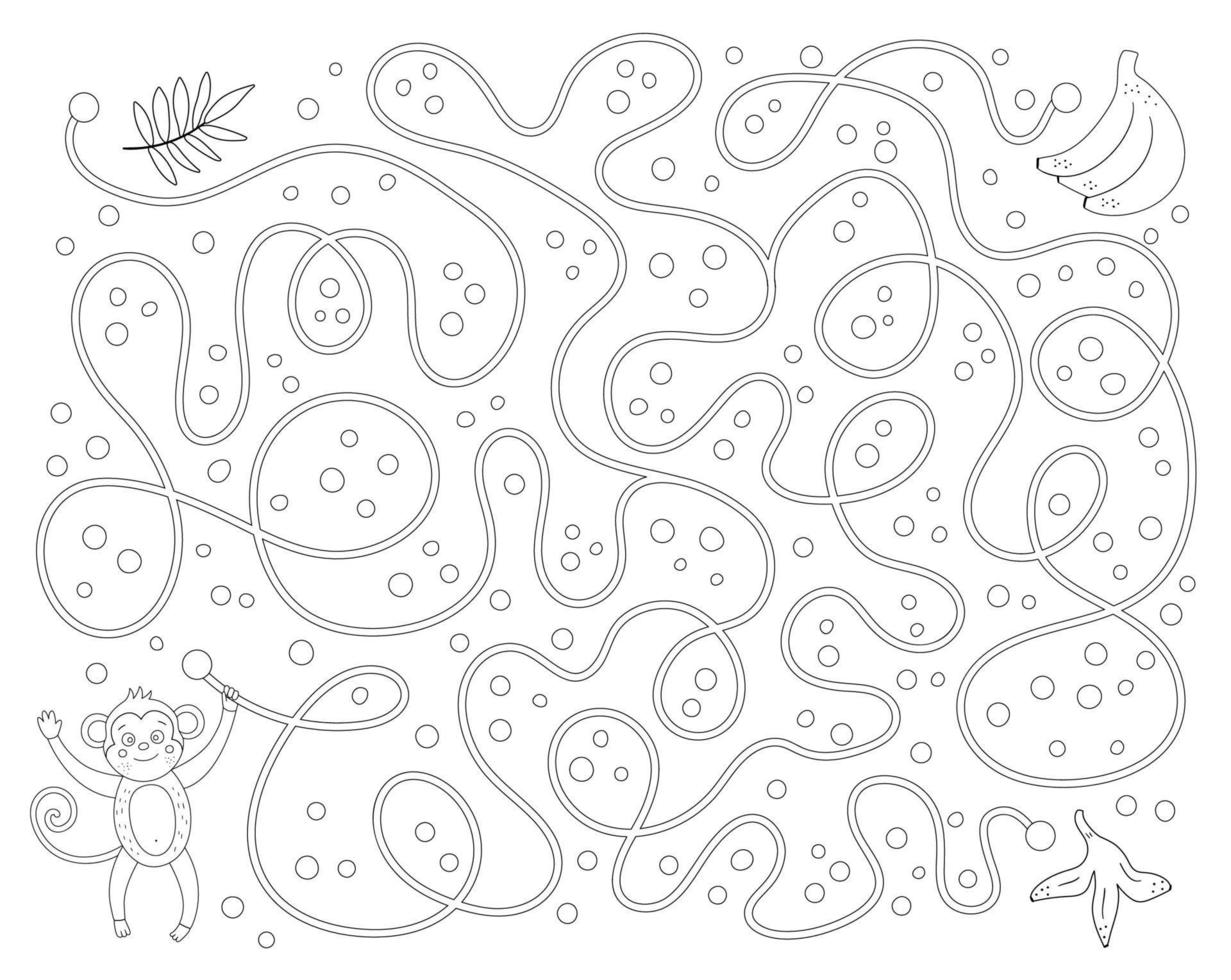 labirinto tropicale per bambini. attività esotica prescolare. divertente puzzle della giungla in bianco e nero. aiuta la scimmia ad arrivare al gioco delle banane. divertente pagina da colorare per bambini vettore