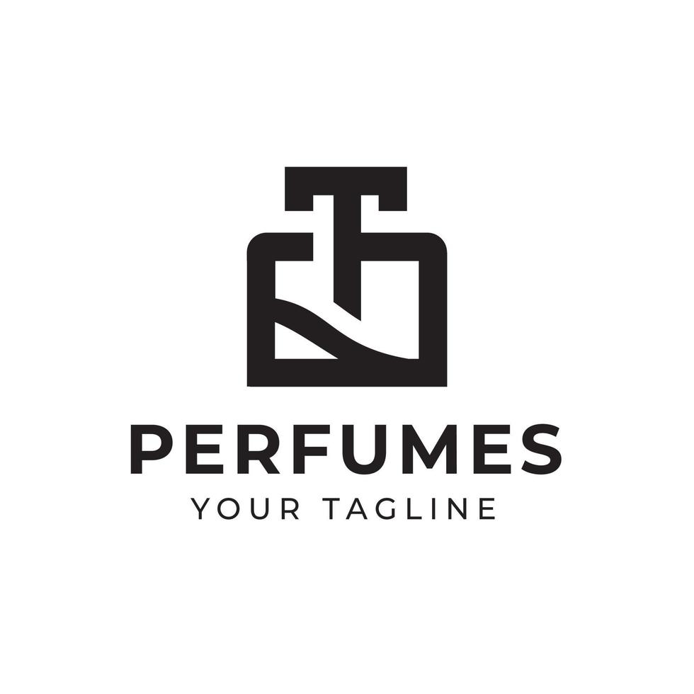 design del logo con linea di bottiglie di profumo e linea di ornamenti, lettera t, adatto per il business dei segni di bellezza cosmetici di moda. vettore