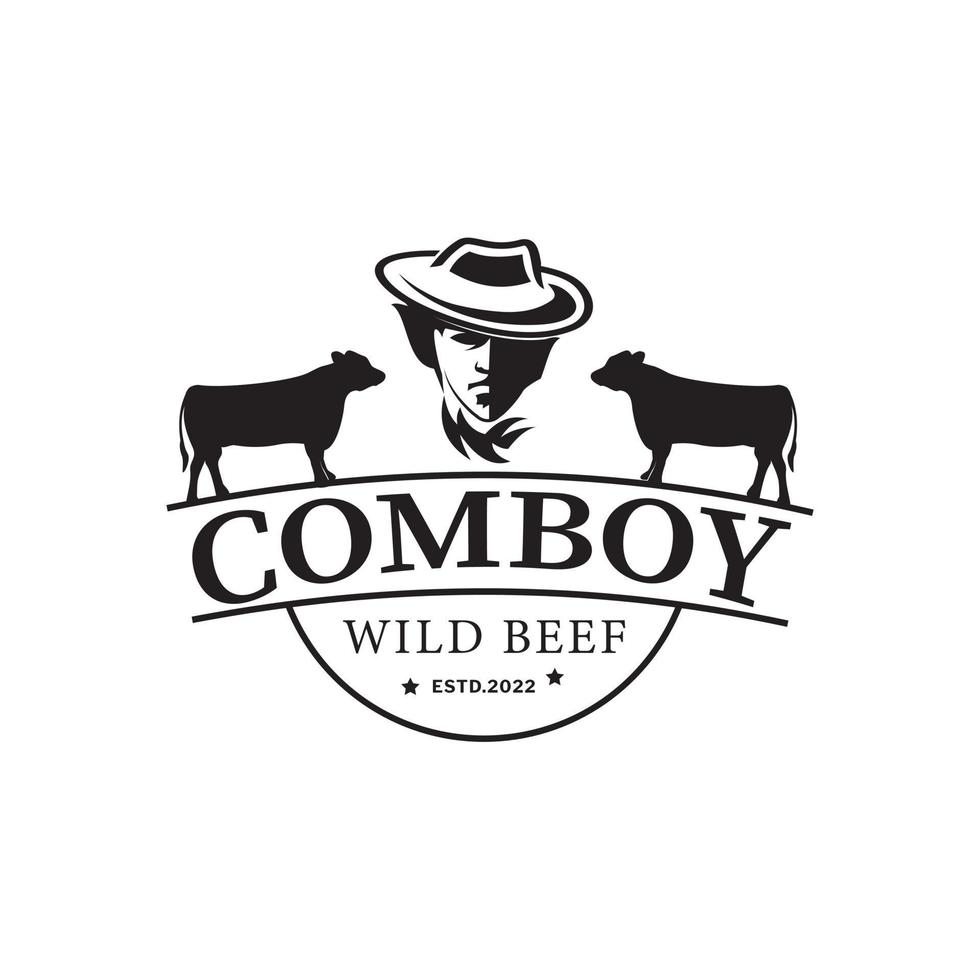 logo della testa del cowboy e modello di disegno di simbolo dell'emblema dell'annata di due mucche vettore