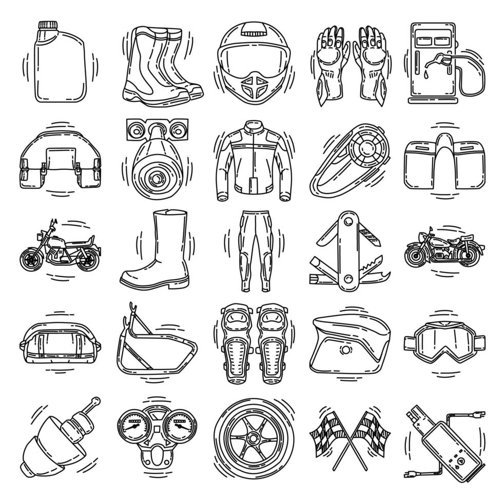 biker e accessori set icona vettore doodle disegnato a mano o stile icona contorno.