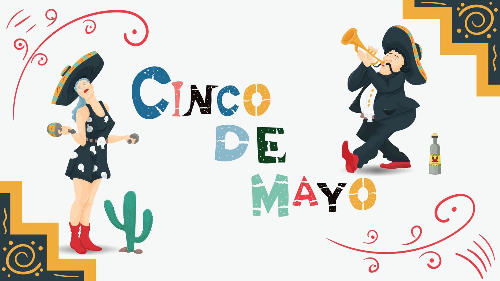 illustrazione di design piatto vettoriale sul tema della vacanza messicana cinco de mayo un uomo con una tromba e una donna con maracas sullo sfondo dell'iscrizione del titolo