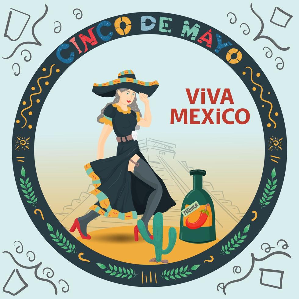 illustrazione piatta vettoriale cartone animato per il design sul tema della vacanza messicana cinco de mayo in un ornamento circolare una ragazza con un vestito che tiene un cappello sombrero