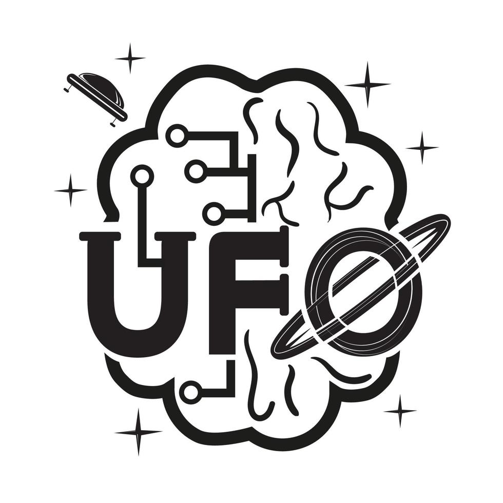iscrizione stilizzata ufo intelligenza extraterrestre due metà del cervello sotto forma di un microcircuito e un'immagine biologica in bianco e nero su uno sfondo isolato vettore