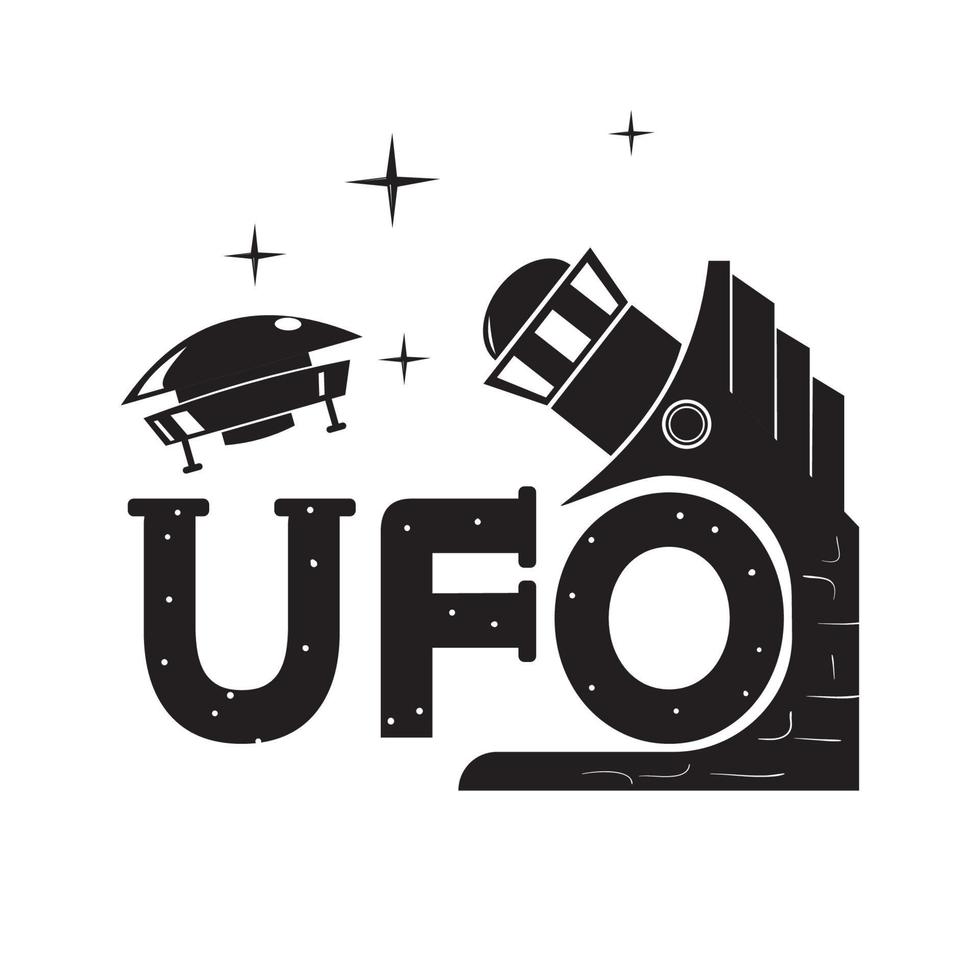 iscrizione stilizzata telescopio ufo guarda un disco volante nello spazio immagine in bianco e nero su uno sfondo isolato vettore