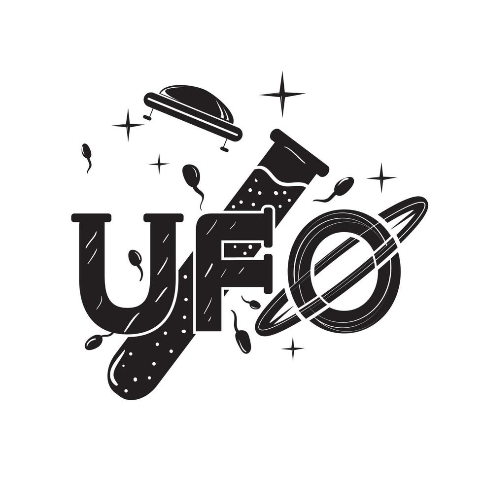 iscrizione stilizzata ufo sullo sfondo delle lettere provetta e spermatozoi galleggianti l'origine della vita extraterrestre immagine in bianco e nero su sfondo isolato vettore