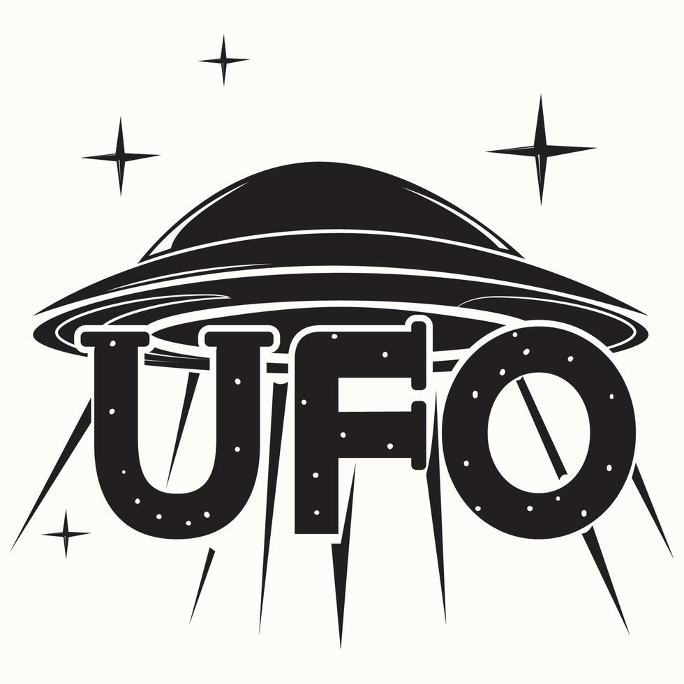 iscrizione stilizzata disco volante ufo che vola attraverso l'immagine in bianco e nero dell'iscrizione su uno sfondo isolato vettore
