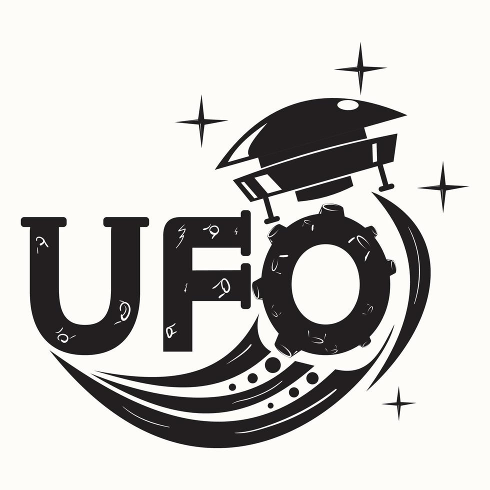 iscrizione stilizzata ufo con un disco volante attraverso la lettera disegnata come un'immagine in bianco e nero del pianeta su uno sfondo isolato vettore