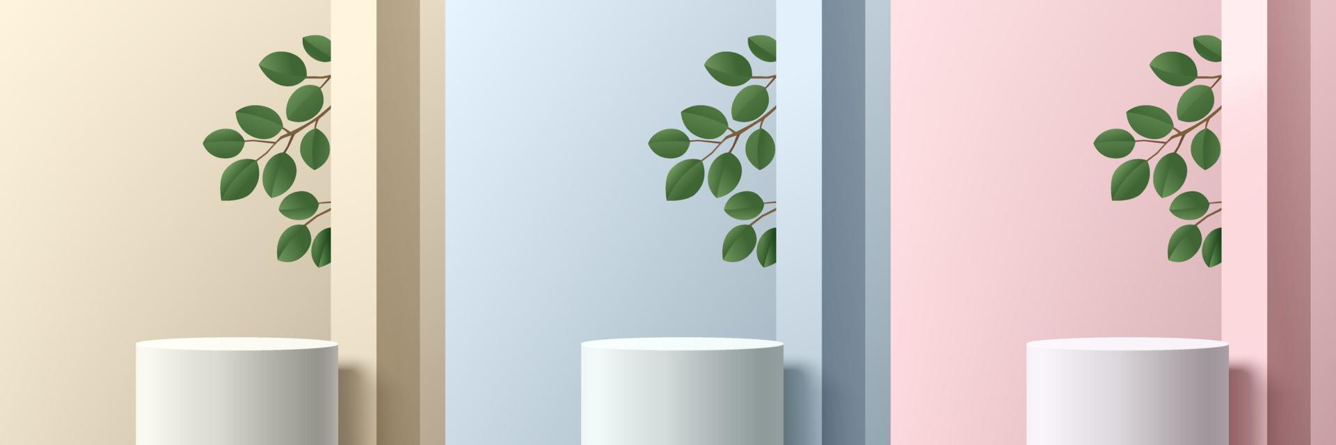 set di realistico bianco 3d cilindro stand podio in stanze astratte beige, blu e rosa con pilastro quadrato e foglia verde. forme geometriche vettoriali. scena minima. vetrina scenica, esposizione di prodotti mockup. vettore