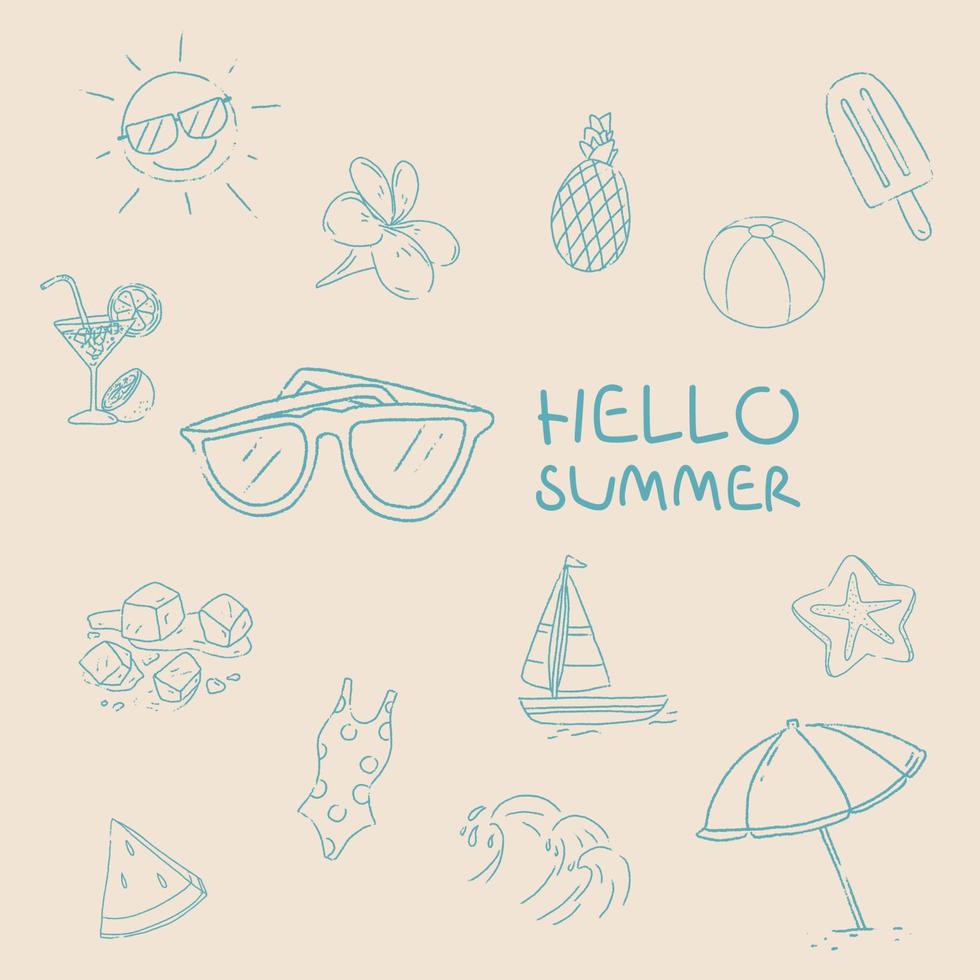 insieme disegnato a mano della raccolta dell'elemento simbolo ciao estate - disegno vettoriale di doodle di vacanza tropicale