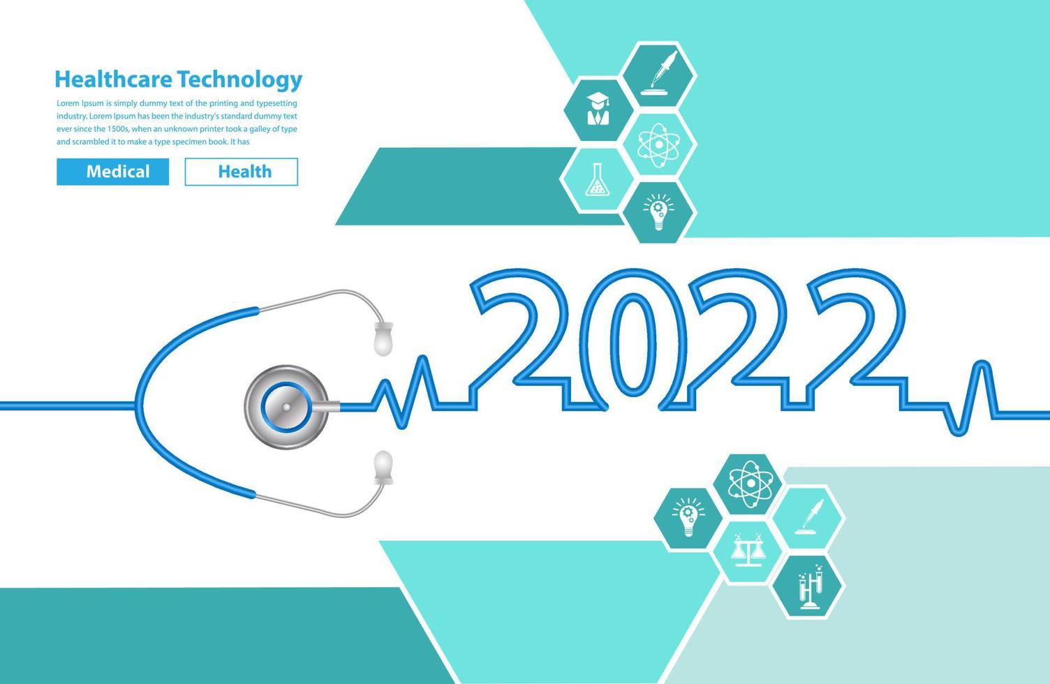 design creativo stetoscopio 2022 nuovo anno e icone piatte mediche nel concetto di tecnologia medica, illustrazione vettoriale modello di layout moderno