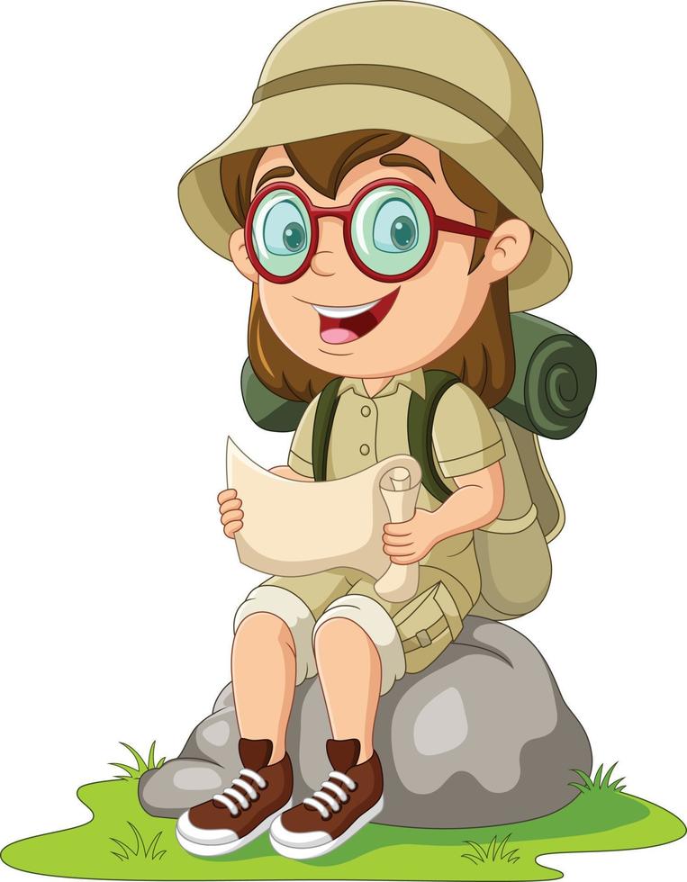 esploratore della ragazza del fumetto sulla roccia che legge una mappa vettore
