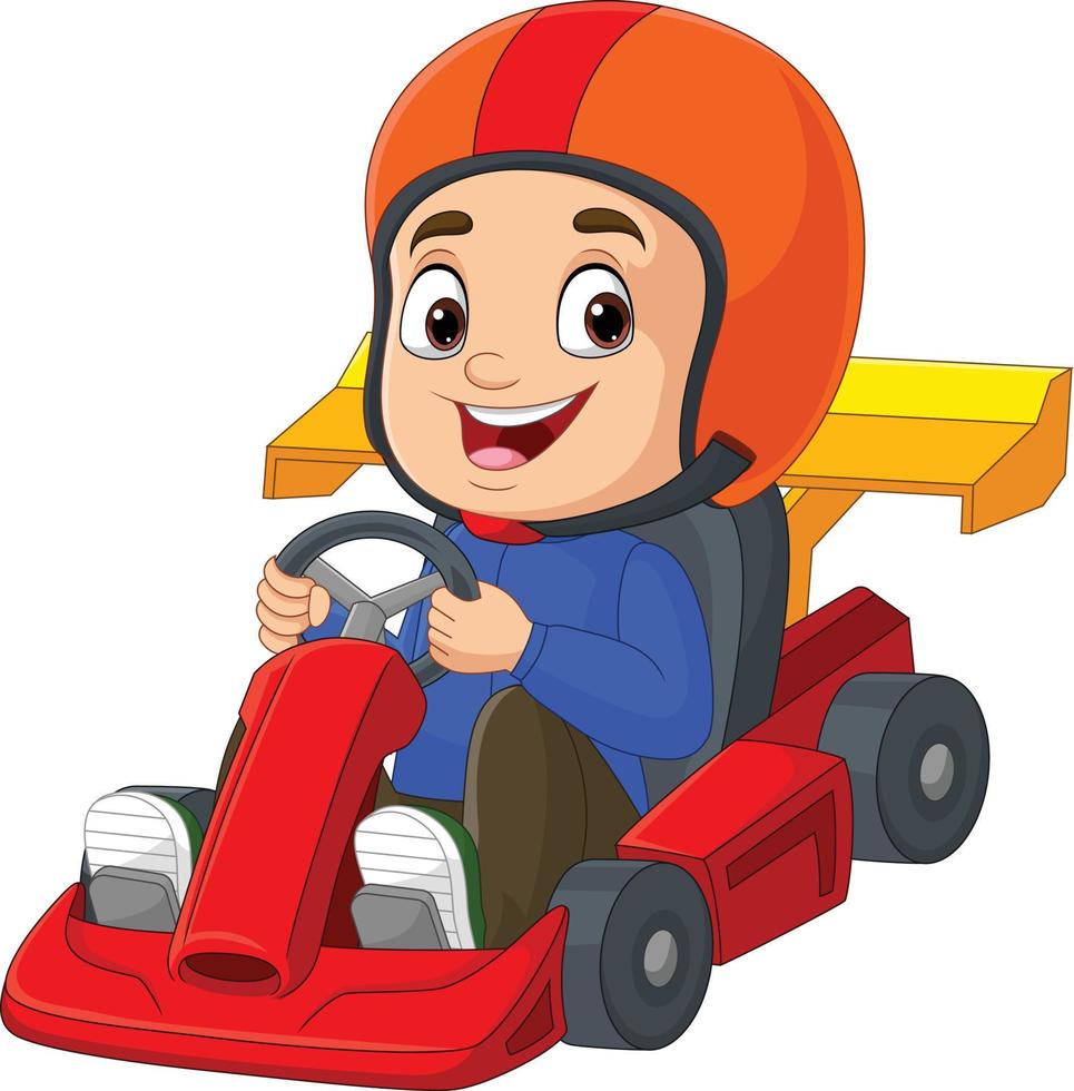 ragazzino del fumetto che guida un'auto da corsa vettore