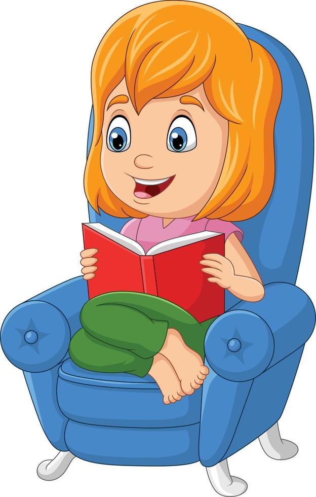 bambina del fumetto che legge un libro che si siede sul sofà vettore