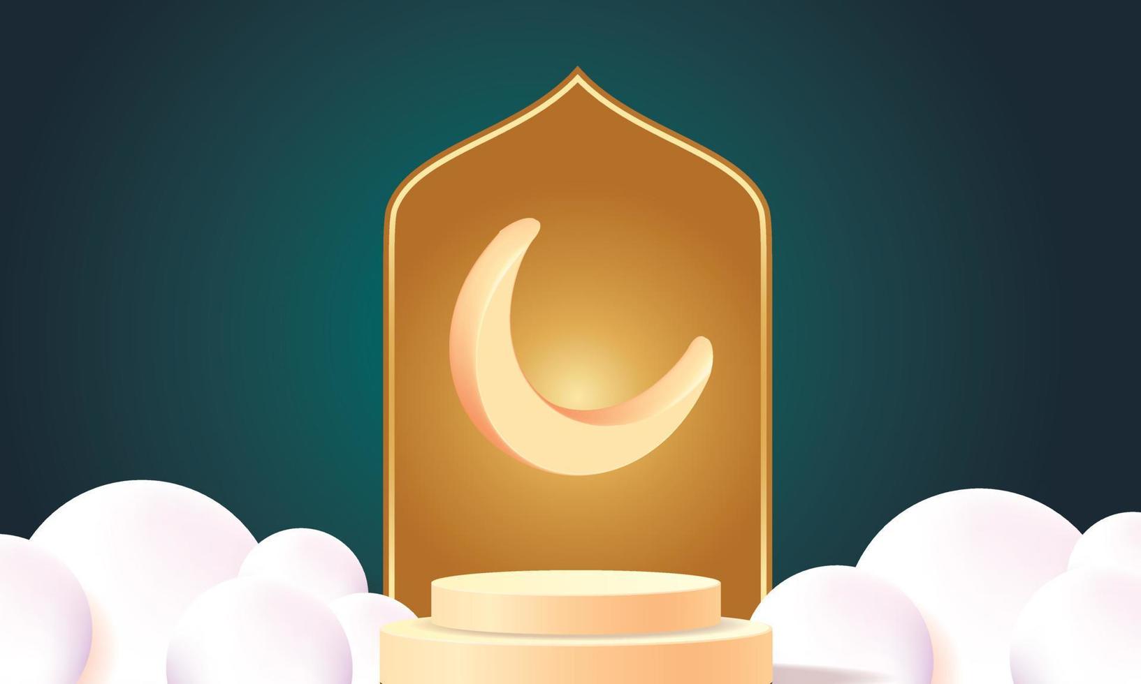 podio spettacolo prodotto ramadan islam sfondo banner stella d'oro e luce lunare vettore