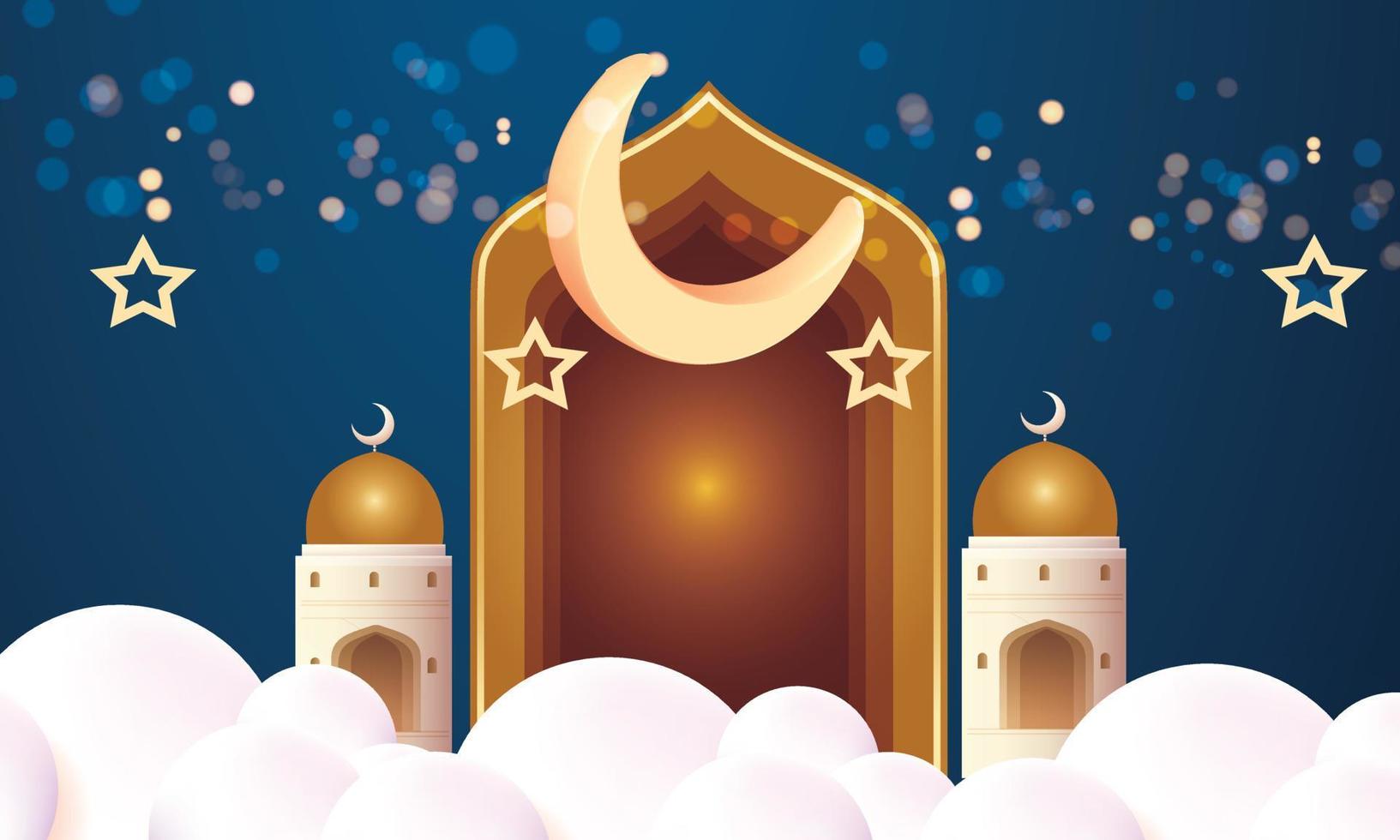 podio spettacolo prodotto ramadan islam sfondo banner stella d'oro e luce lunare vettore