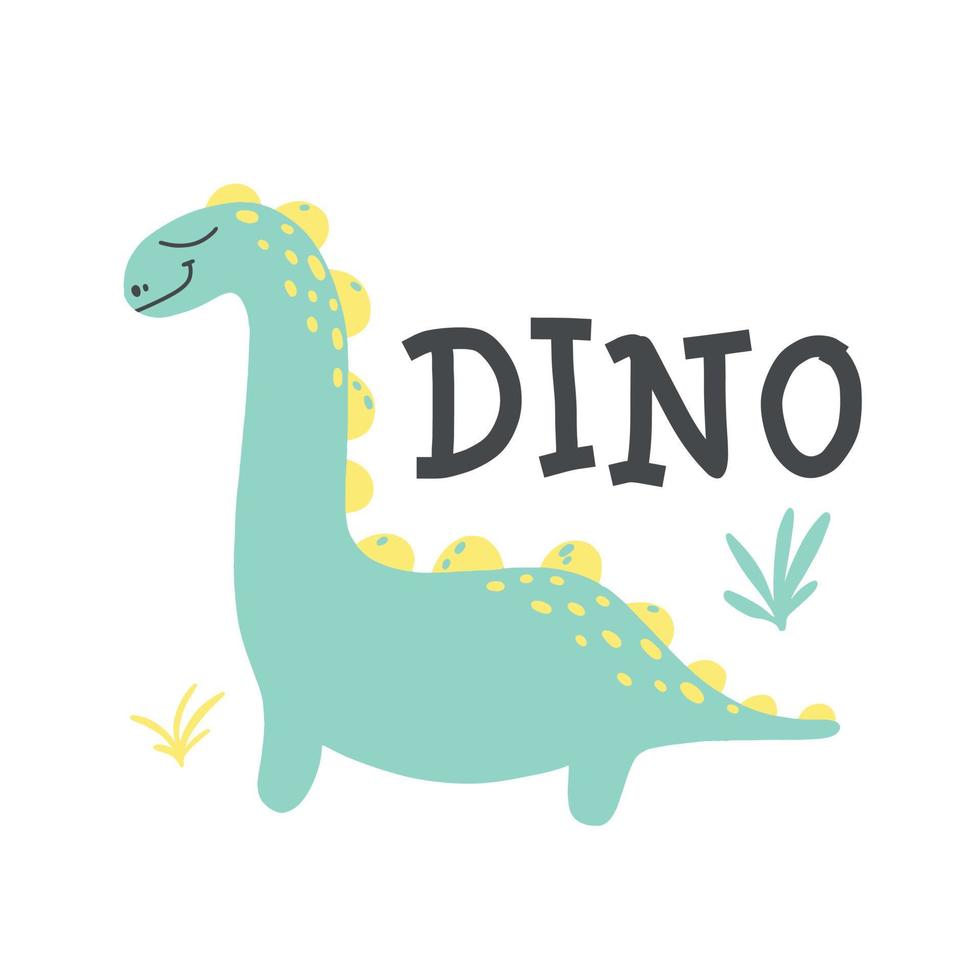 poster per bambini con un simpatico dinosauro. illustrazione disegnata a mano con dino. l'illustrazione è adatta per pinte, poster di vivai, cartoline. illustrazione vettoriale. vettore