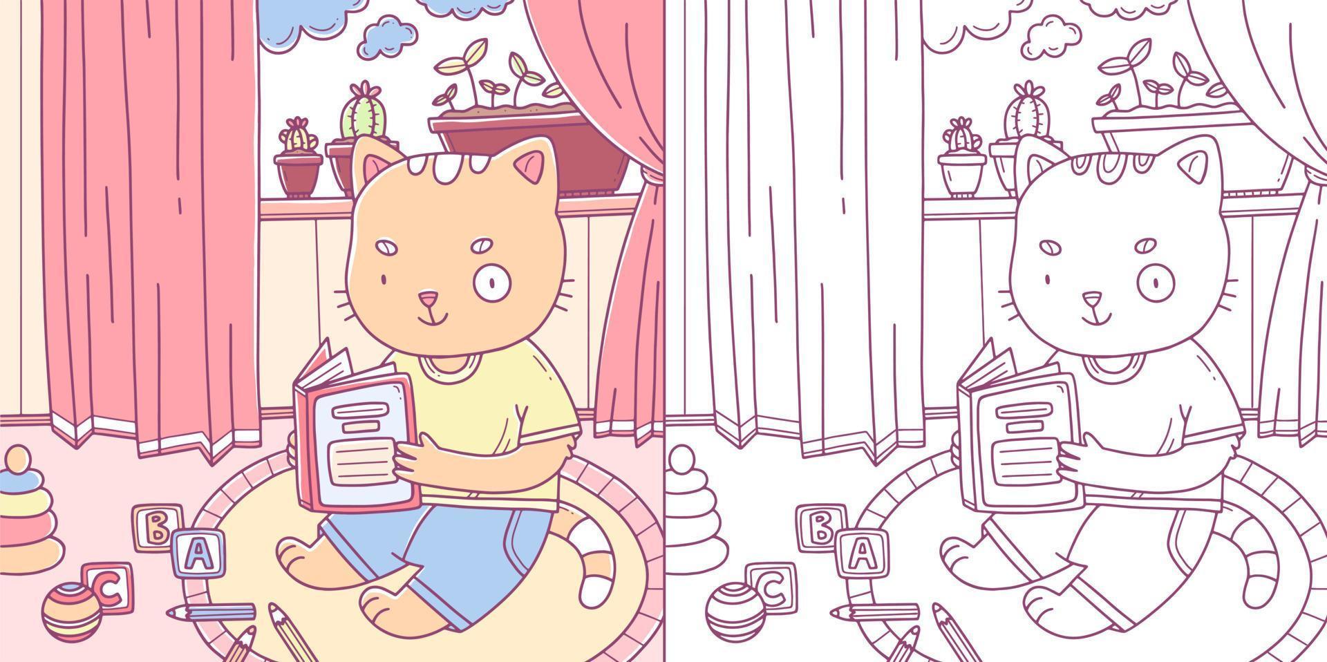libro da colorare per bambini con un campione con un gattino carino che legge un libro sul pavimento. libro da colorare con un gattino. illustrazione delle pagine da colorare di disegno vettoriale. vettore