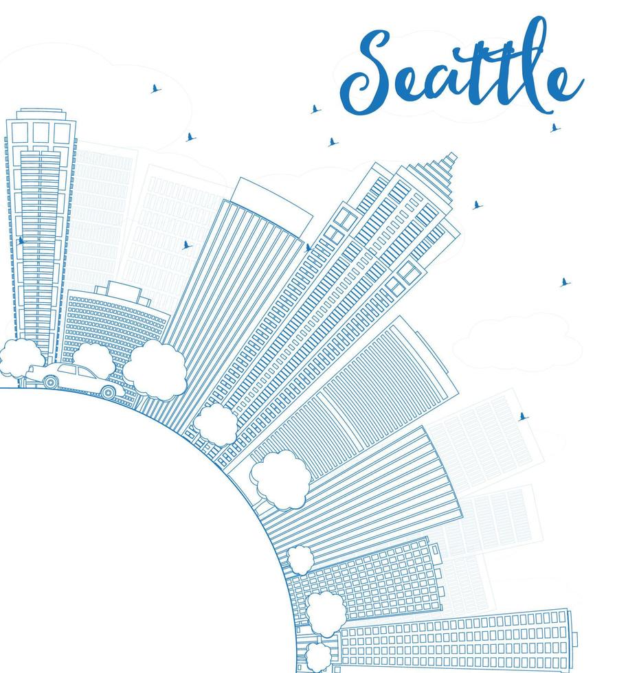 delinea lo skyline della città di Seattle con edifici blu e copia spazio vettore