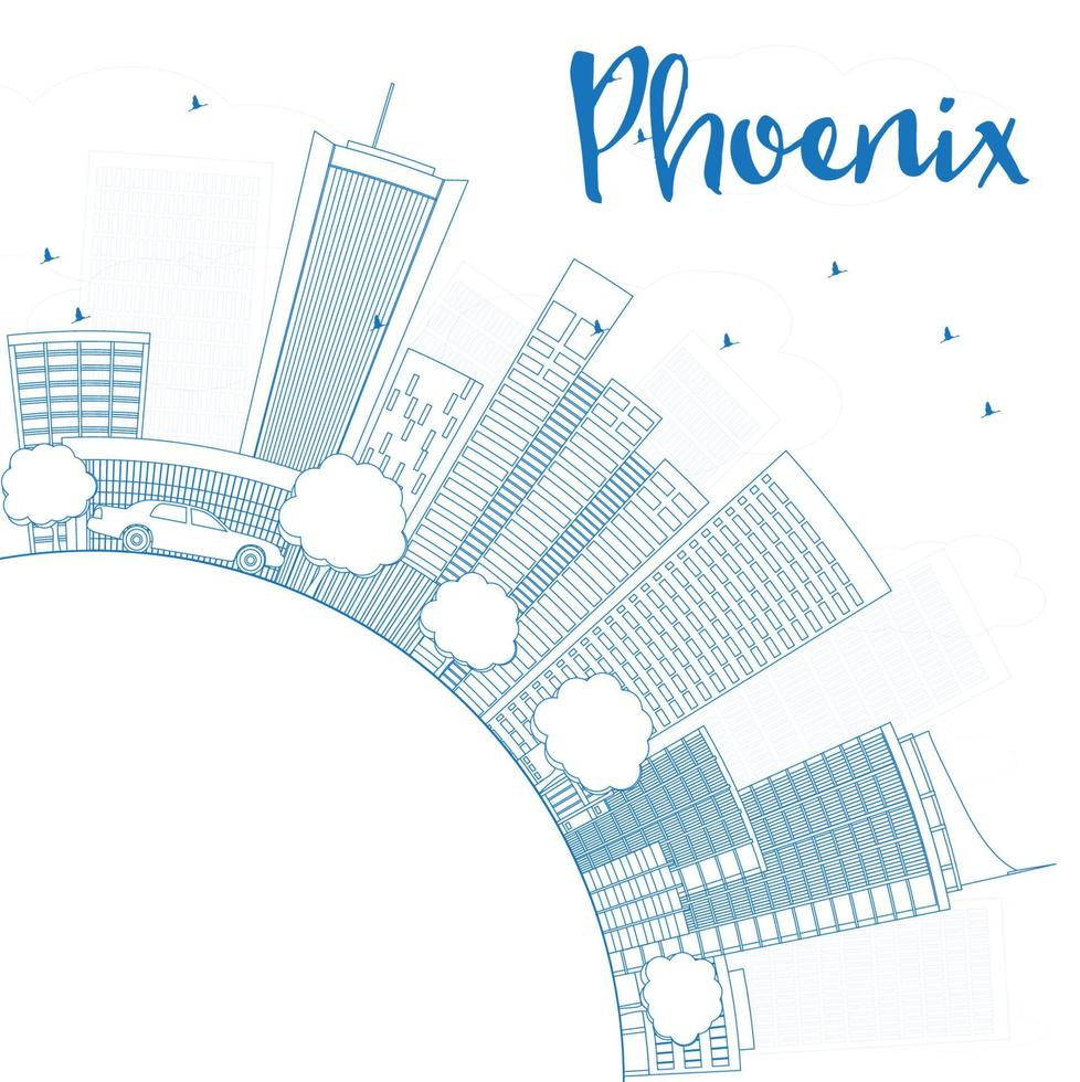 delineare lo skyline di Phoenix con edifici blu e spazio di copia. vettore