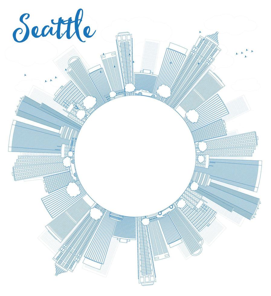 delineare lo skyline della città di Seattle con edifici blu vettore