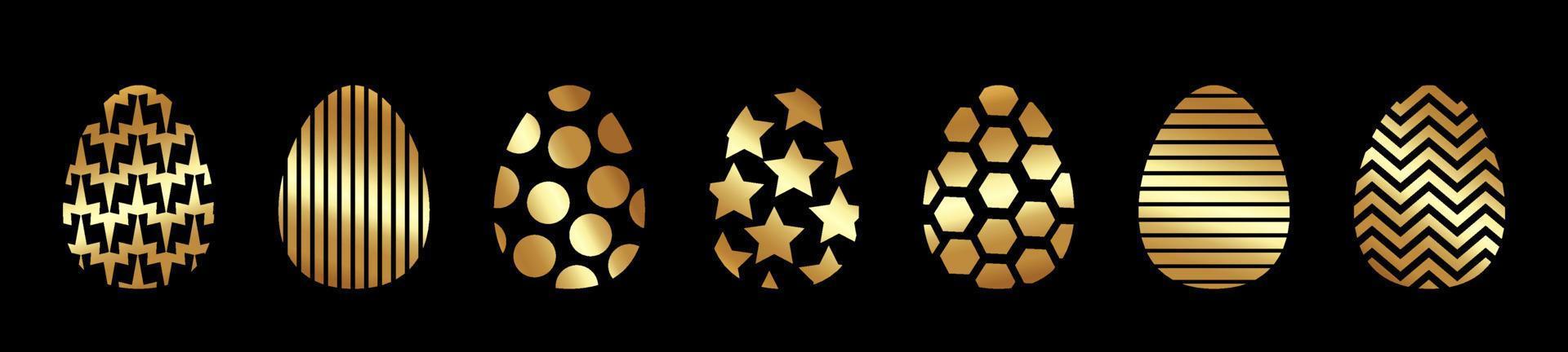 icone d'oro dell'uovo di Pasqua. uova d'oro impostare sfondo nero isolato. trama di disegno geometrico. decorazione buona celebrazione di pasqua. collezione di modelli di elementi di vacanza. illustrazione vettoriale di simbolo di primavera