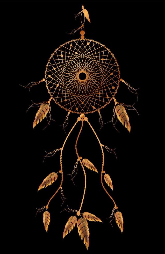 acchiappasogni con ornamento mandala e piume di uccelli. simbolo mistico d'oro, arte etnica con design boho indiano nativo americano, vettore isolato su vecchio sfondo nero vintage
