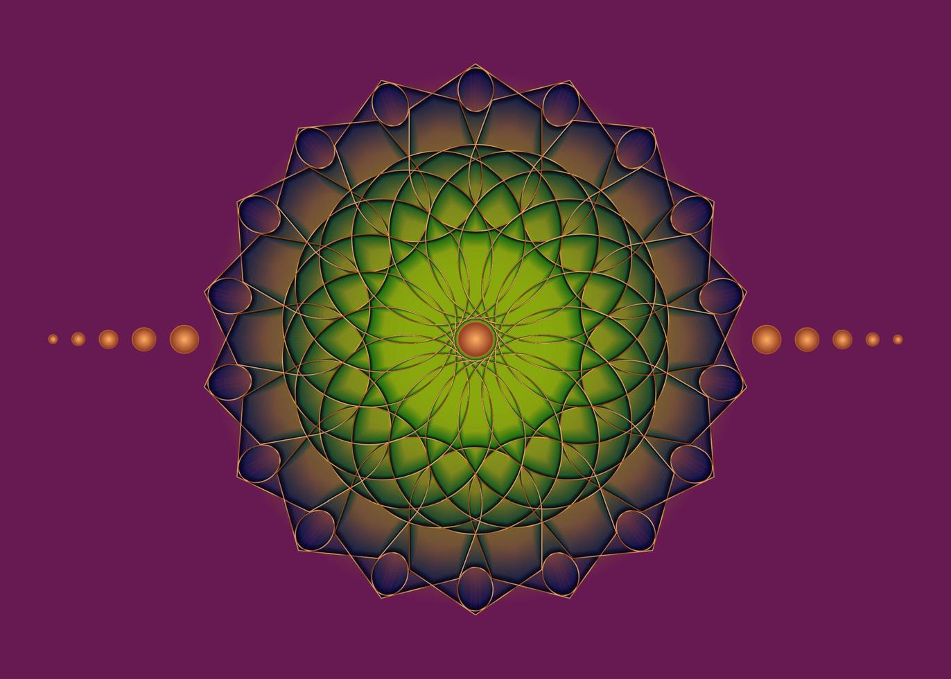 mandala della geometria sacra, icona del cerchio meditativo in oro fiore colorato, design del logo geometrico, ruota religiosa mistica, concetto di chakra indiano, illustrazione vettoriale isolata su sfondo viola